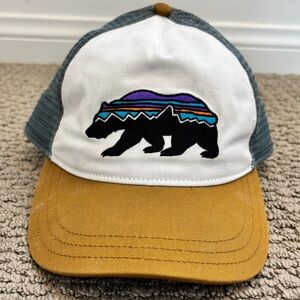 Patagonia Trucker Hat with Bear Design - White, Gray, Mustard
